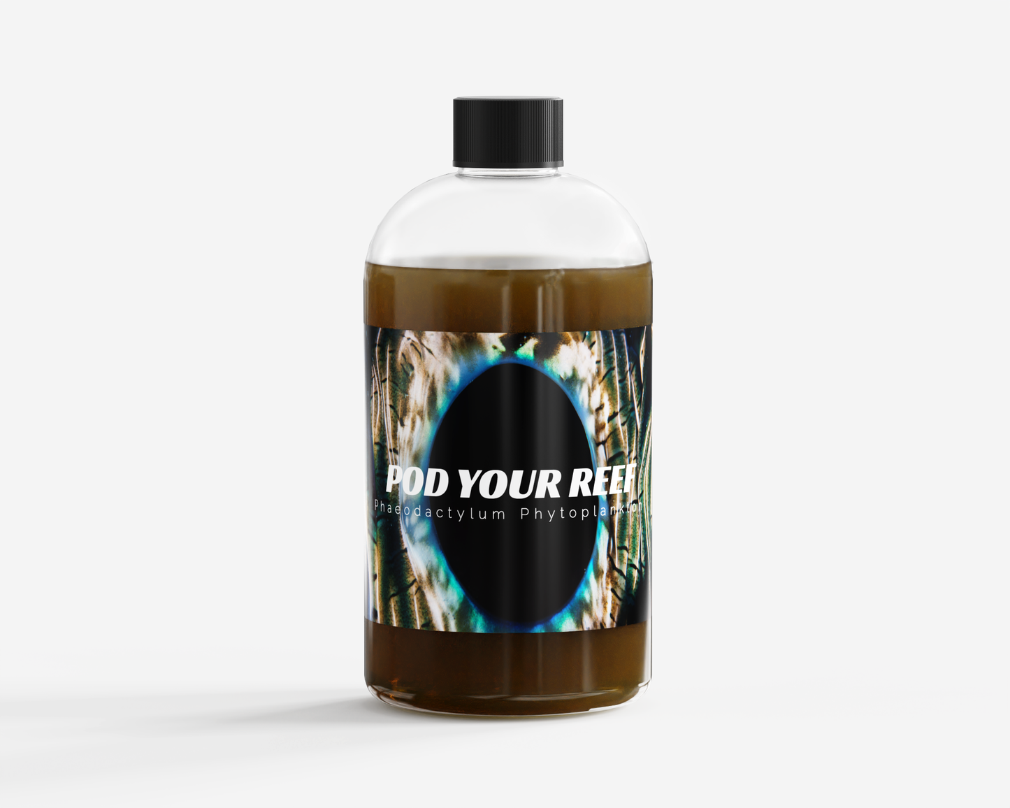 Close up image of Pod Your Reef Phytoplankton Phaeodactylum in bottle showing the front of the label