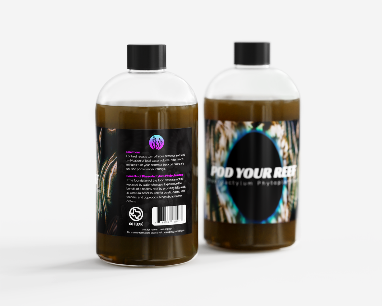Close up product image of Phaeodactylum Phytoplankton bottles from Pod Your Reef showing the front and back label on the bottles.