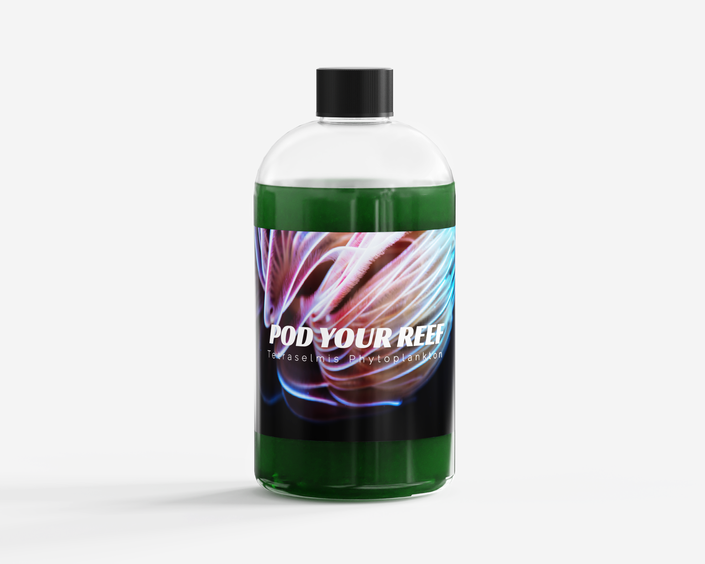 Pod Your Reef Tetraselmis Phytoplankton close up photo of product showing the bottle and the front label.