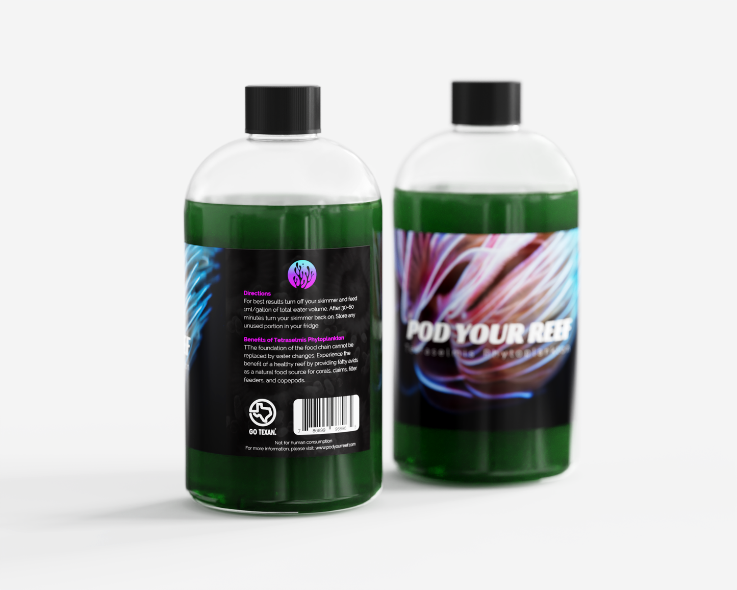 Tetraselmis phytoplankton plankton bottles from pod your reef showing the front and back label on the bottle.