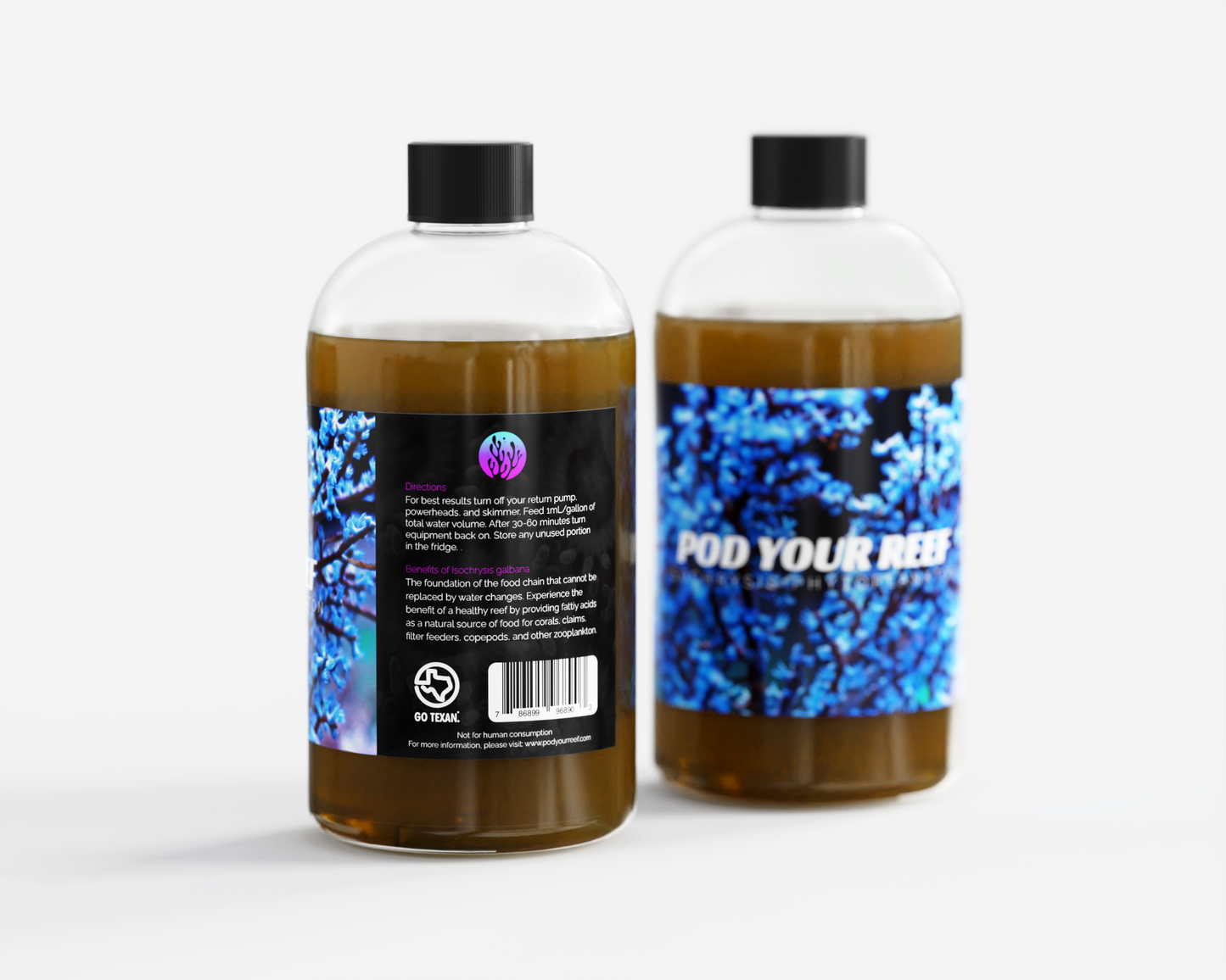 Product Image showing the two bottles side by side showing the front and back label on the bottle of Pod Your Reef isochrysis phytoplankton