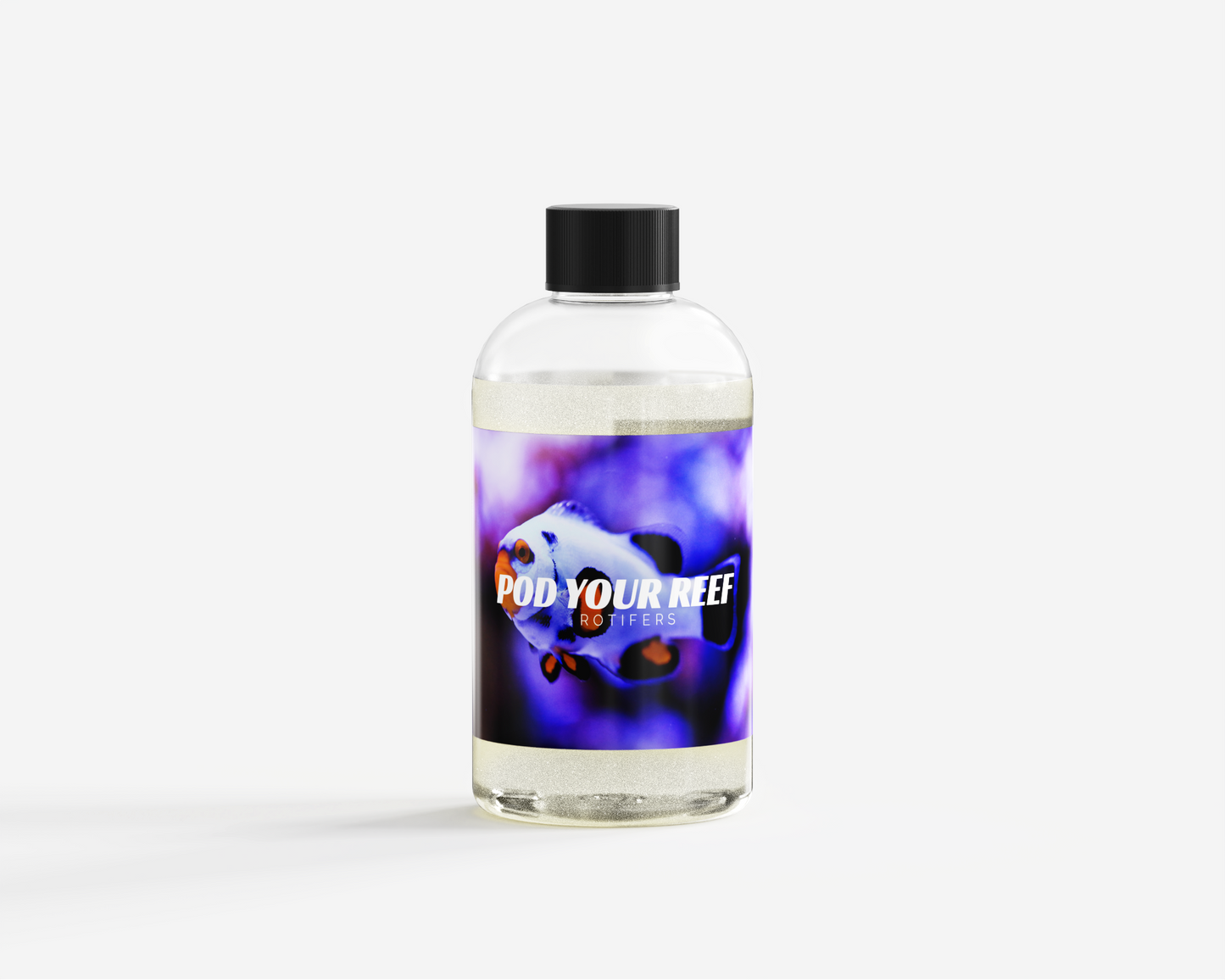 Product photo showing the front of a single bottle of a Pod Your Reef rotifer bottle.