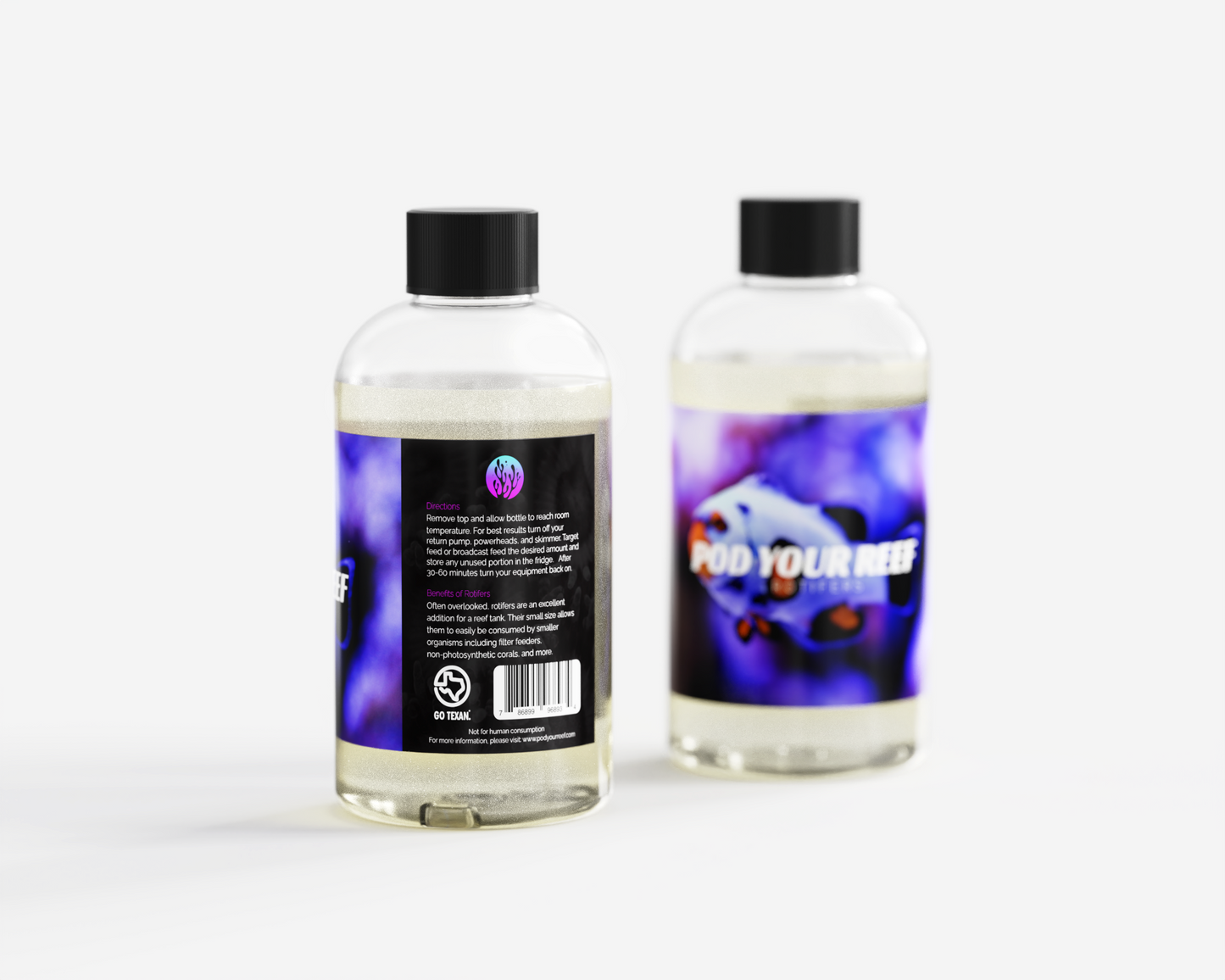 Product photo showing the front and back of Pod Your Reef Rotifer bottle