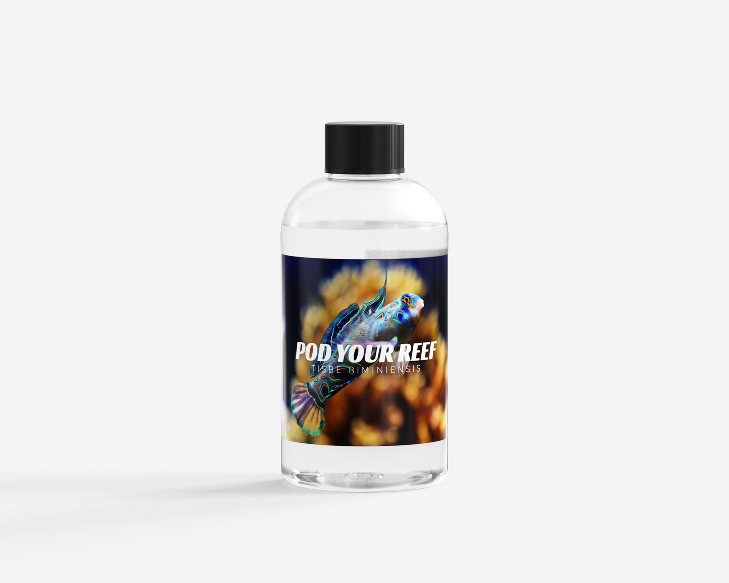 Product photo showing the front of a single bottle of Pod Your Reef Tisbe Biminiensis bottle