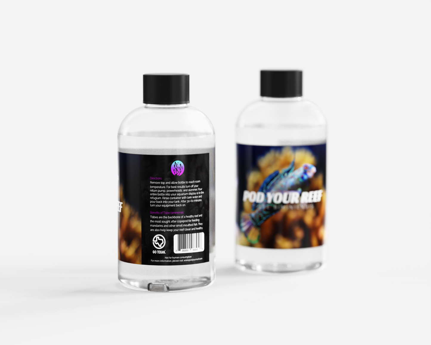 Product photo showing front and back of Pod Your Reef Tisbe Copepod Bottle