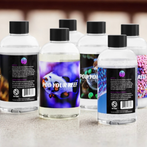 Pod Your Reef Product Image of a bundle which includes several species of copepods, a water flocculant to keep water crystal clear. Not included but an option includes bundles with phytoplankton and bacteria.  