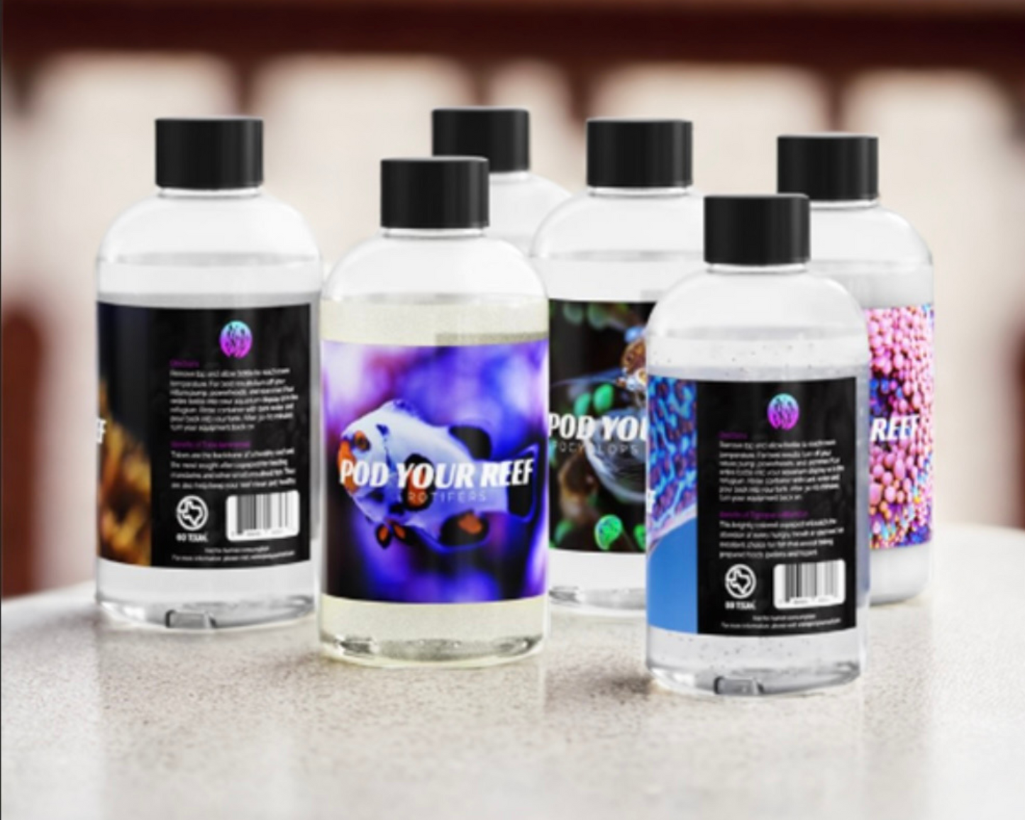 Pod Your Reef Product Image of a bundle which includes several species of copepods, a water flocculant to keep water crystal clear. Not included but an option includes bundles with phytoplankton and bacteria.  