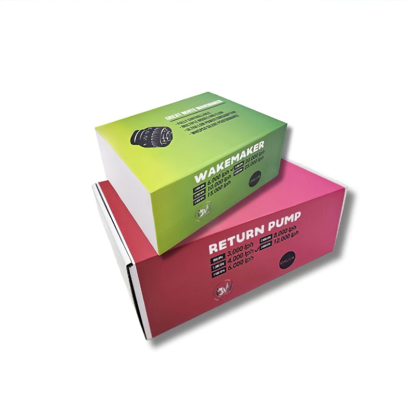 Product shot of great white flow bundle showing two boxes stacked on top return pump and wavemaker